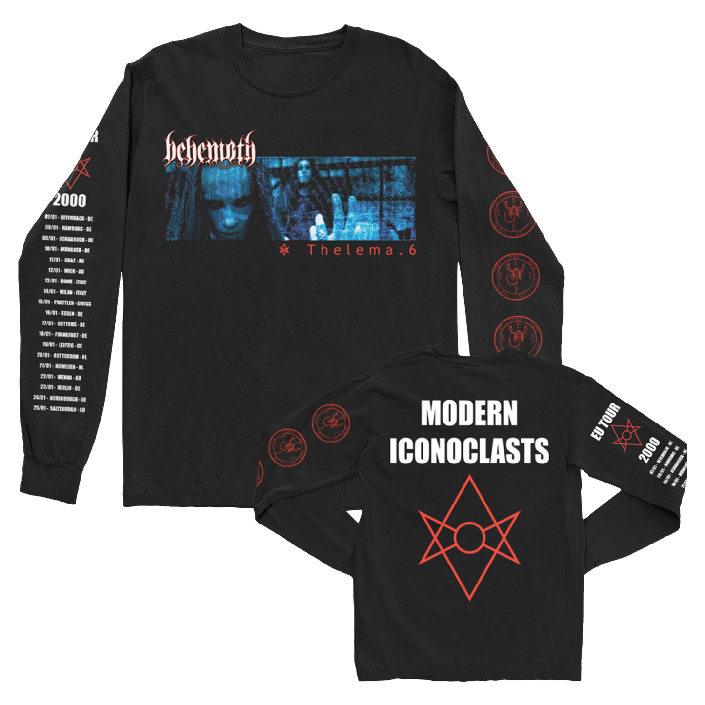 A black cotton long sleeve tee from the official Behemoth merchandise store. With the Modern Iconoclast EU Tour two thousand graphics.