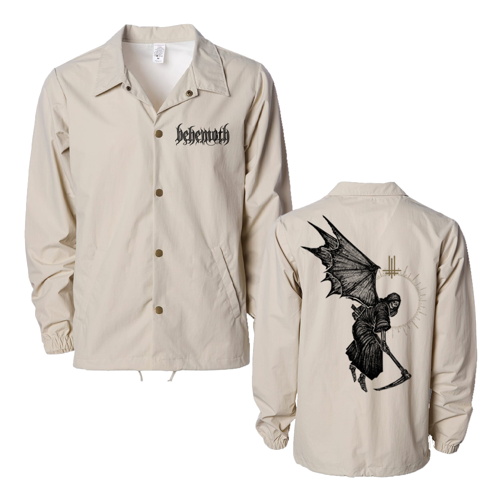 A tan windbreaker jacket from the official Behemoth merchandise store. With the angel of death art.
