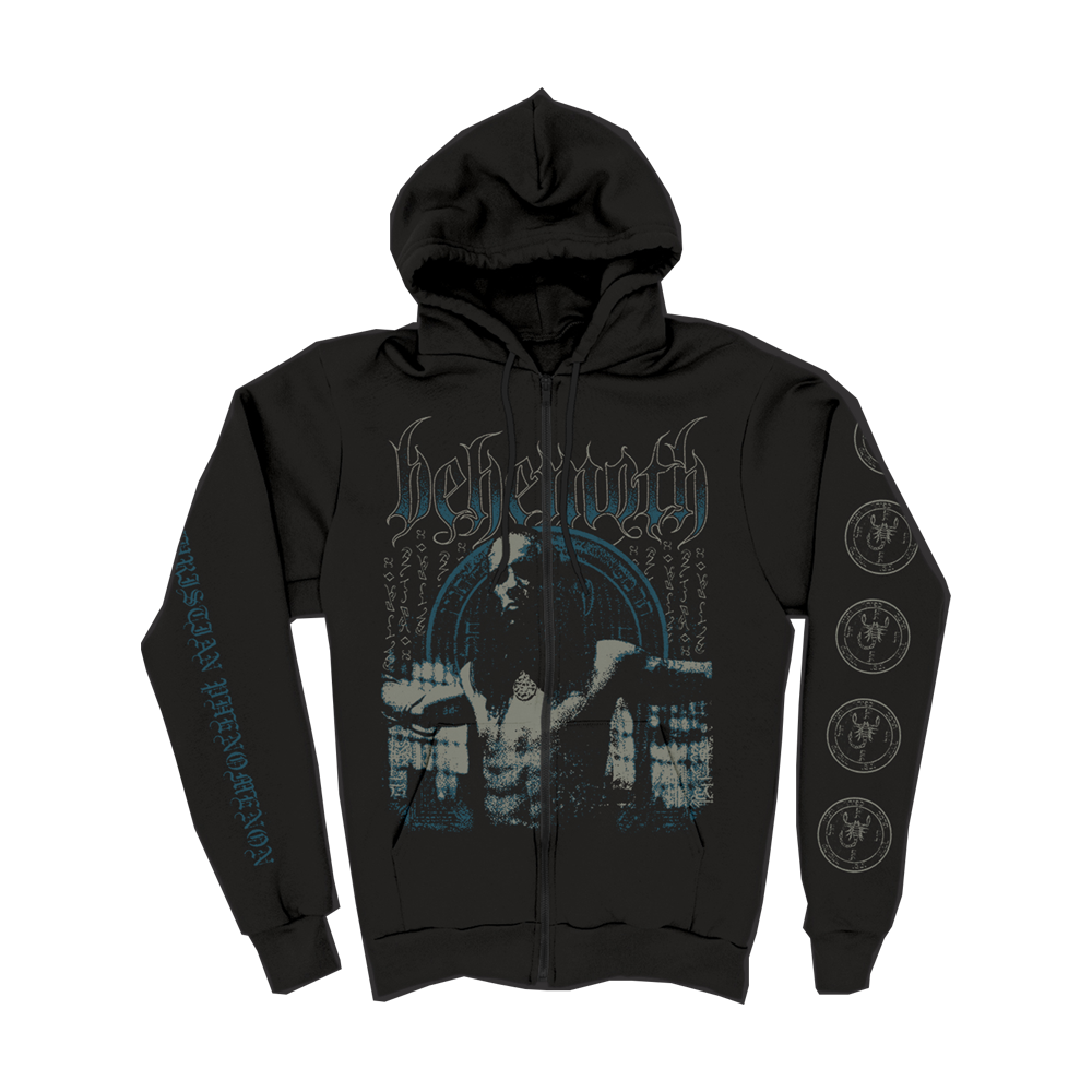 A black anti Christian zip up hoodie from the official Behemoth store. With screen printed designs along the front and sleeves. Made with an eighty percent cotton, twenty percent polyester blend.