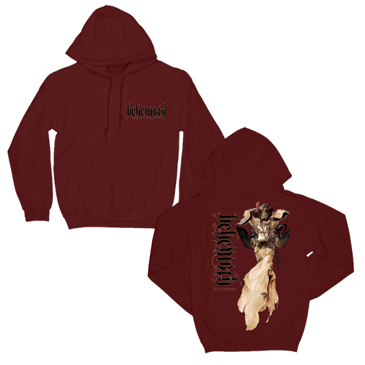 A maroon red pullover hoodie from the official Behemoth merchandise store. With a screen printed design on the front and back.