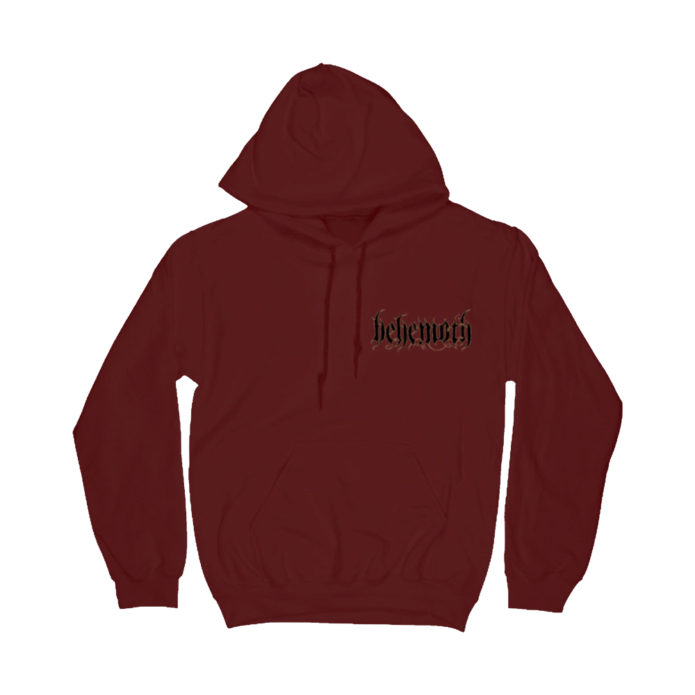 A maroon red pullover hoodie from the official Behemoth merchandise store. With a screen printed design on the front and back.