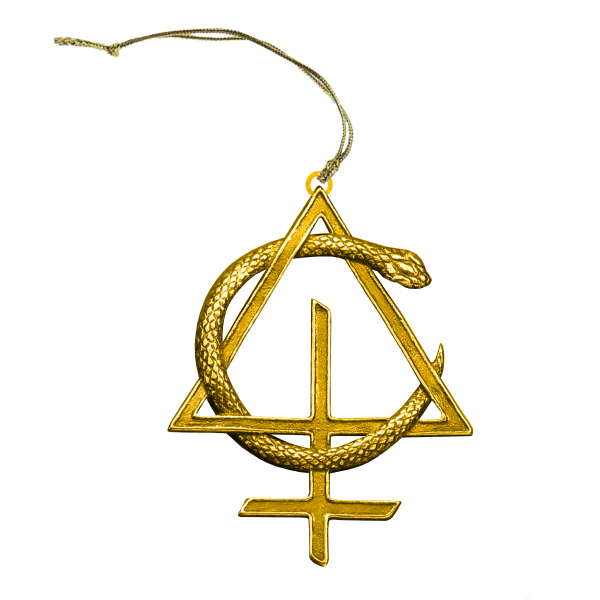 A gold colored metal holiday ornament from Behemoth.