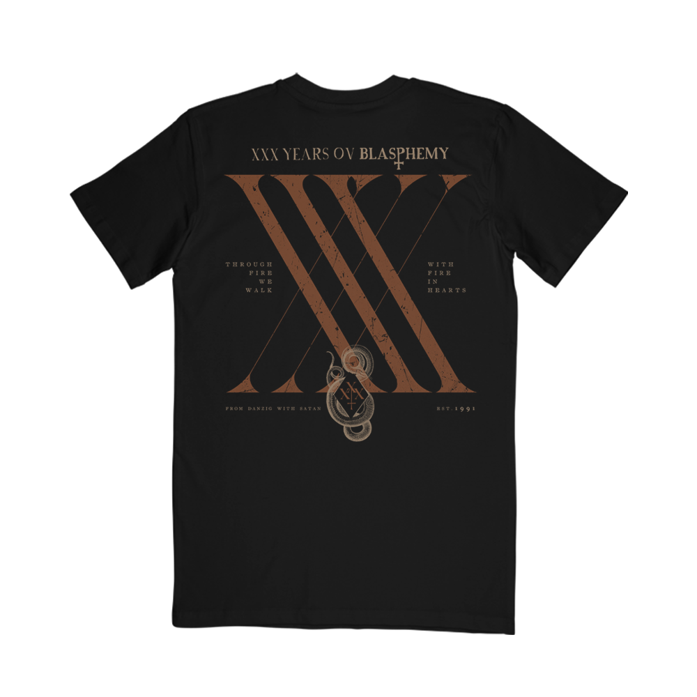 Black cotton Behemoth short sleeve tee from their XXX Years Ov Blasphemy album.