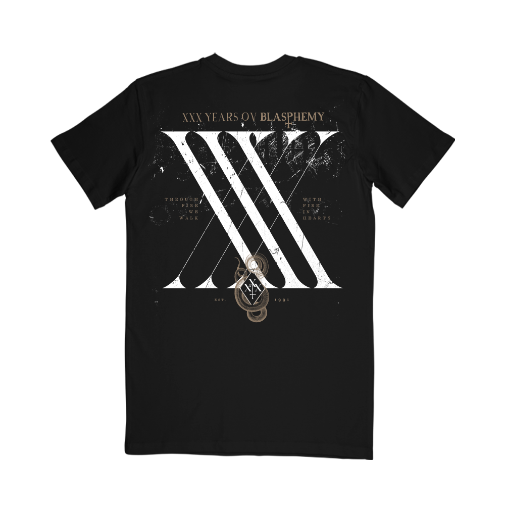 Black cotton Behemoth short sleeve tee from their XXX Years Ov Blasphemy album.