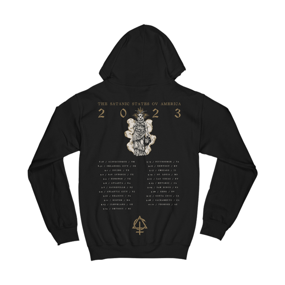 A black zip up hoodie from the official Behemoth store. With screen printed designs along the front, back, and sleeves. Made with an eighty percent cotton, twenty percent polyester fleece blend.