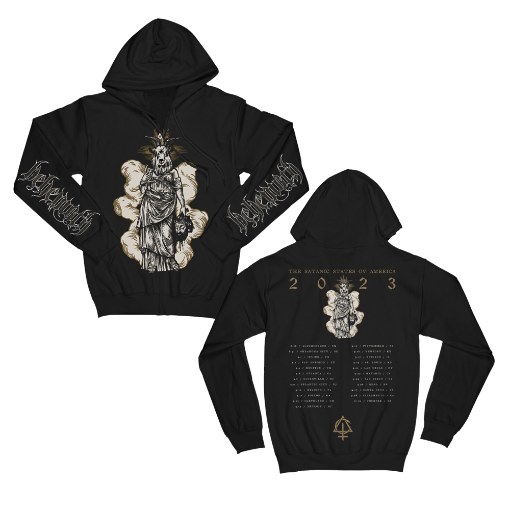 A black zip up hoodie from the official Behemoth store. With screen printed designs along the front, back, and sleeves. Made with an eighty percent cotton, twenty percent polyester fleece blend.