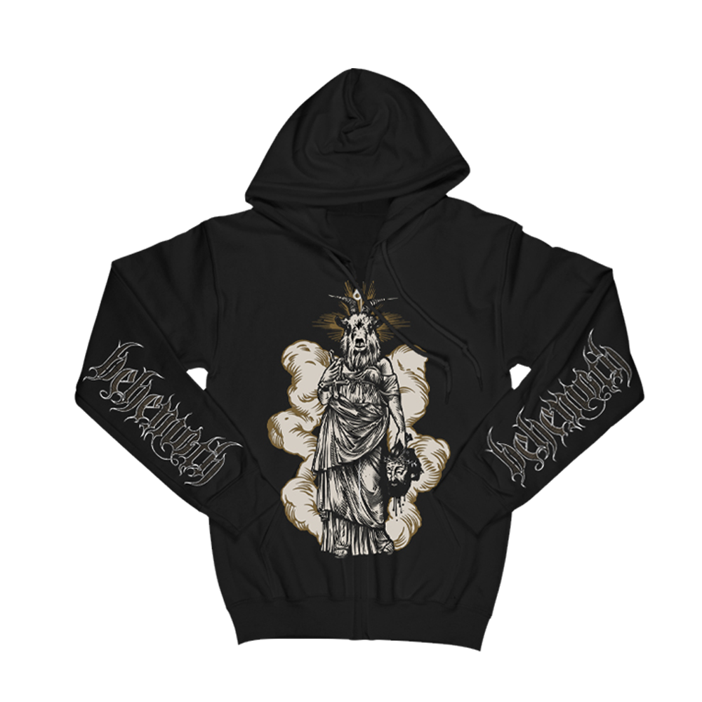 A black zip up hoodie from the official Behemoth store. With screen printed designs along the front, back, and sleeves. Made with an eighty percent cotton, twenty percent polyester fleece blend.