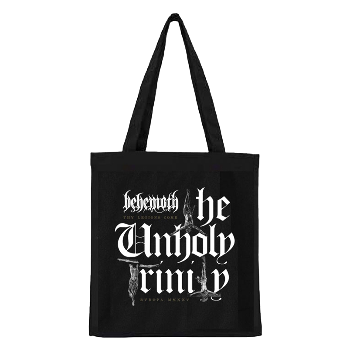 A classic black cotton canvas tote bag with Unholy Trinity Tour artwork, from Behemoth.