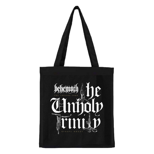 A classic black cotton canvas tote bag with Unholy Trinity Tour artwork, from Behemoth.