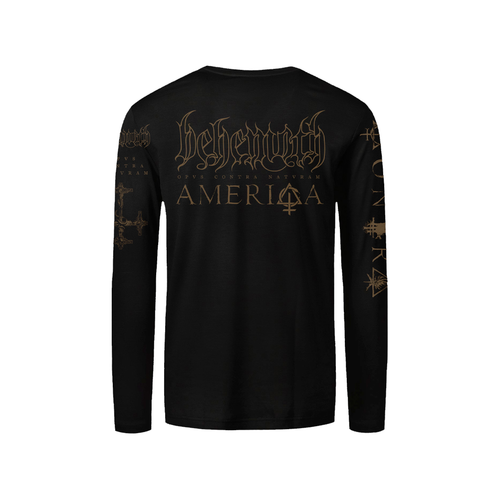 A black long sleeve tee from Behemoth. With graphic design details on the front, back, and sleeves. Made with one hundred percent cotton.