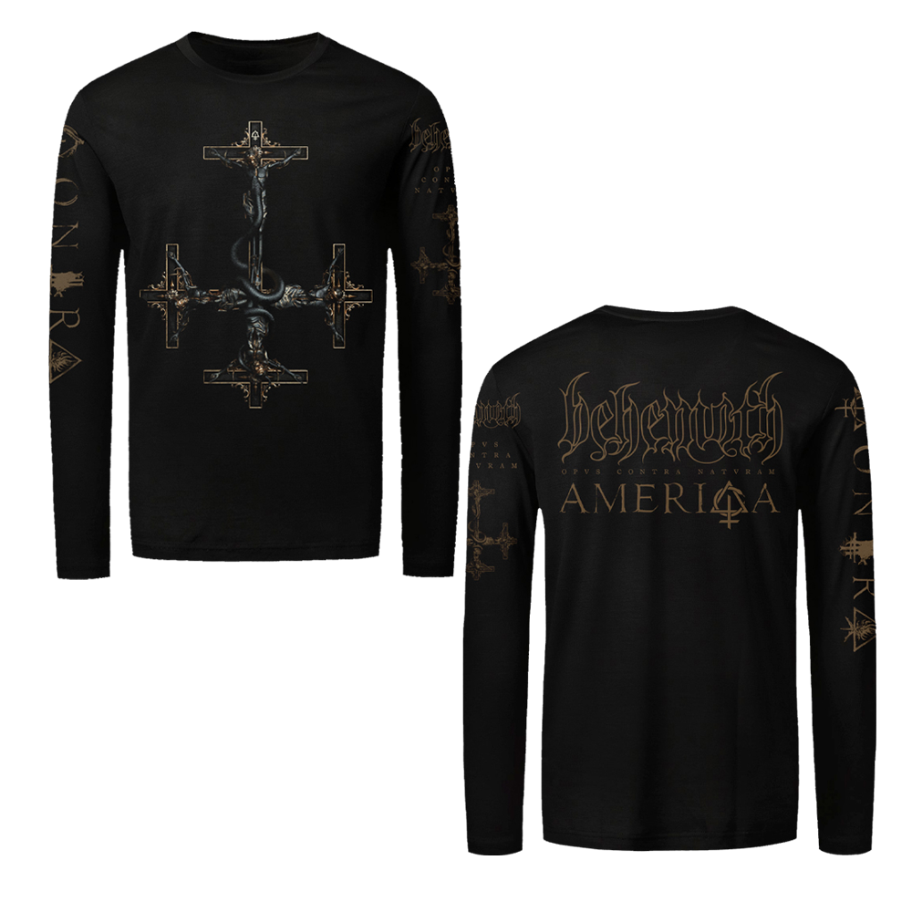 A black long sleeve tee from Behemoth. With graphic design details on the front, back, and sleeves. Made with one hundred percent cotton.