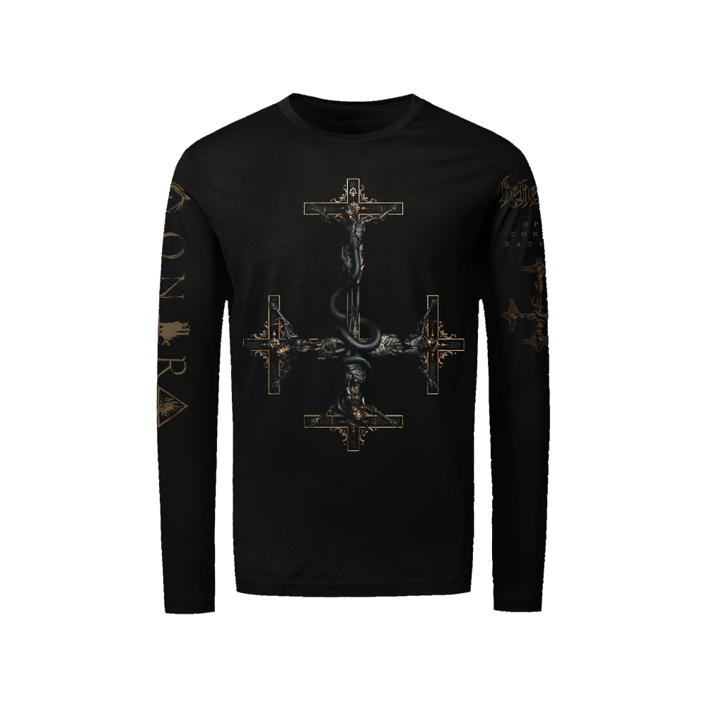 A black long sleeve tee from Behemoth. With graphic design details on the front, back, and sleeves. Made with one hundred percent cotton.