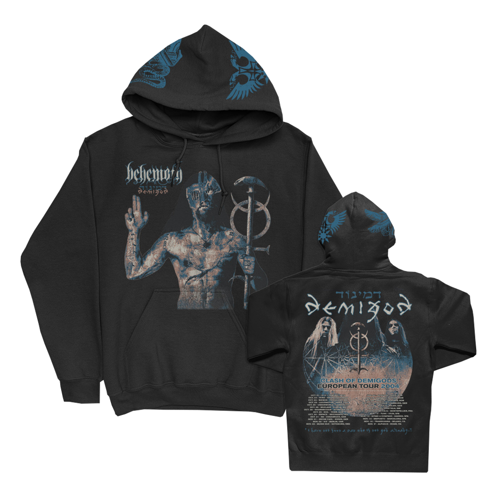 A black Demigod European Tour pullover hoodie from the official Behemoth store. With screen printed designs on the front, back, and hood. Made with an eighty percent cotton, twenty percent polyester blend.