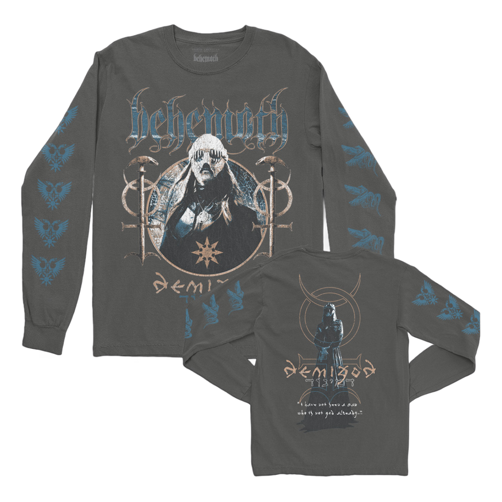 A washed black long sleeve tee from the official Behemoth merchandise store. With screen printed designs on the front, back, and sleeves. Made with one hundred percent pre shrunk cotton.