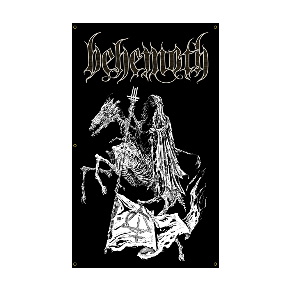 A black Equis Flag from the Behemoth official merchandise store. A black flag with white Behemoth logo and artwork.