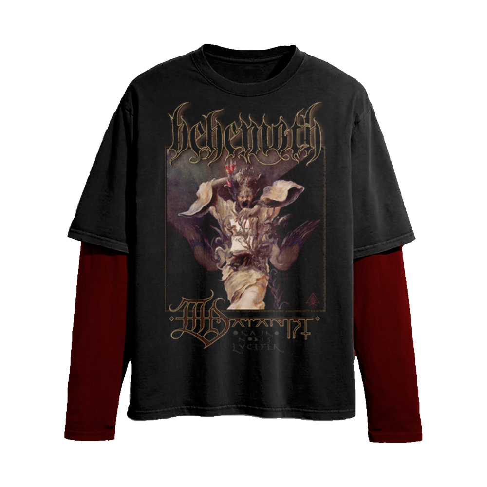 A black Behemoth graphic tee with contrast long sleeves, designed to give a layered look. Made with one hundred percent pre shrunk cotton.
