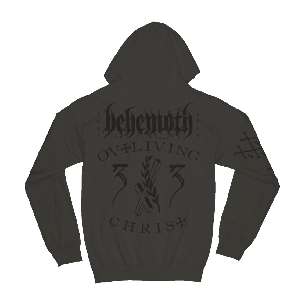 A dark olive green zip hoodie from the official Behemoth store. With screen printed designs along the front, back, and sleeves. Made with an eighty percent cotton, twenty percent polyester blend fleece.