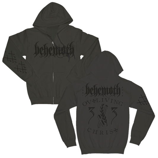 A dark olive green zip hoodie from the official Behemoth store. With screen printed designs along the front, back, and sleeves. Made with an eighty percent cotton, twenty percent polyester blend fleece.