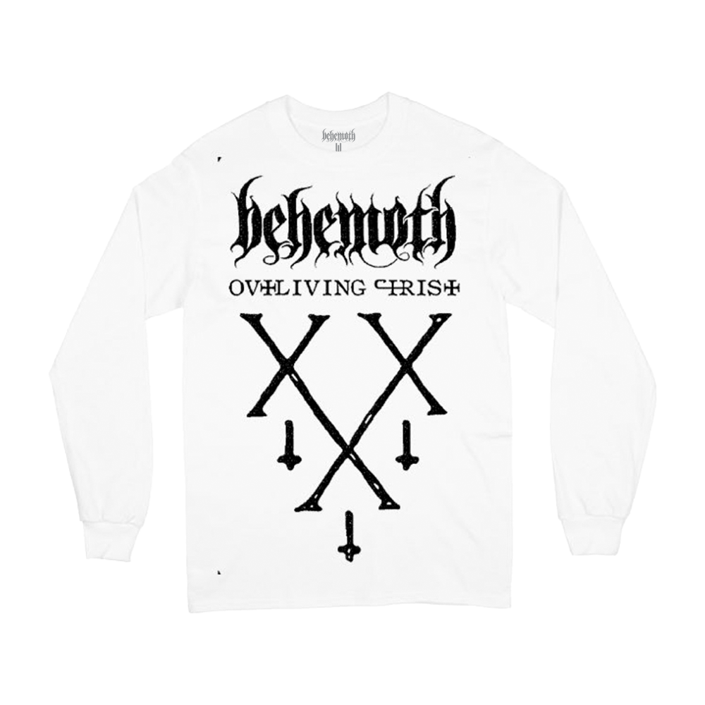 A white long sleeve tee from the official Behemoth store. With black puff paint ink designs.