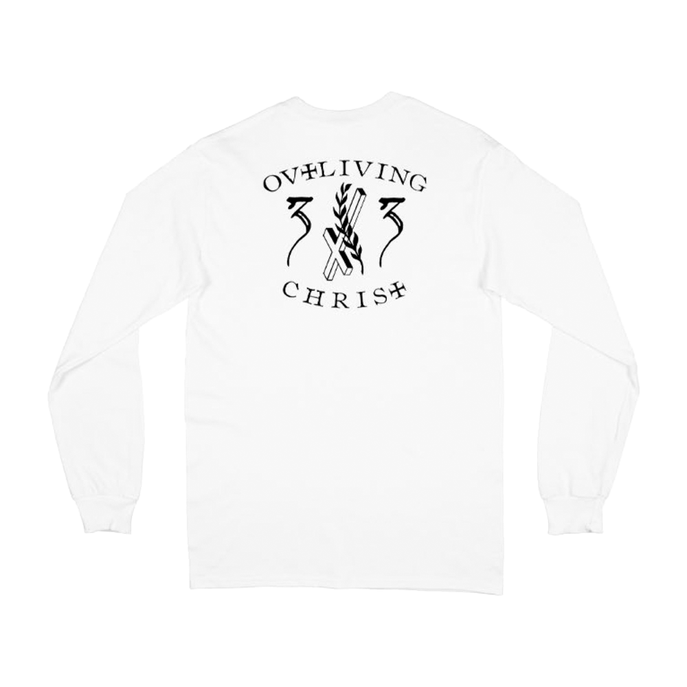 A white long sleeve tee from the official Behemoth store. With black puff paint ink designs.