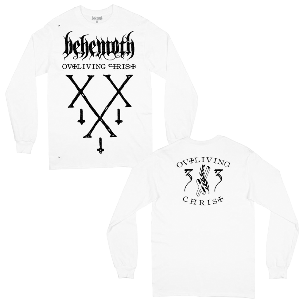 A white long sleeve tee from the official Behemoth store. With black puff paint ink designs.