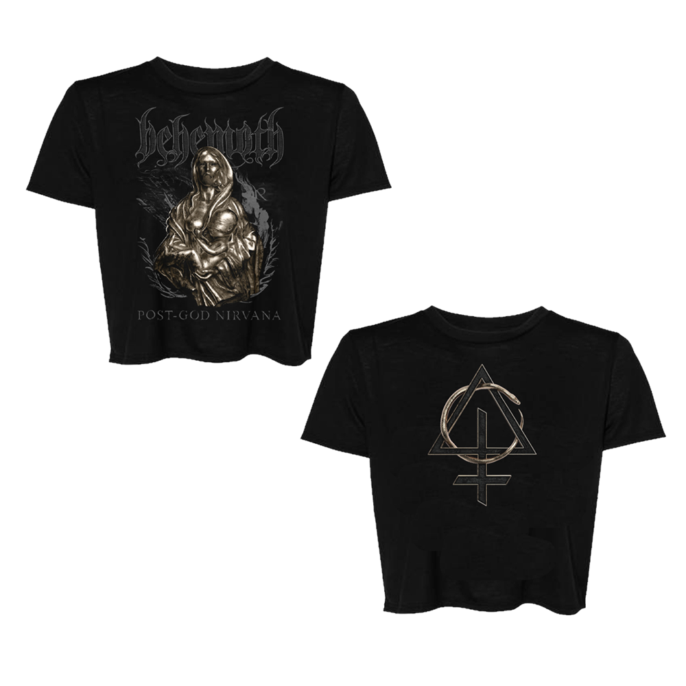 A black short sleeve crop top from the official Behemoth merchandise store. With the Behemoth logo and screen printed artwork on the front and back.