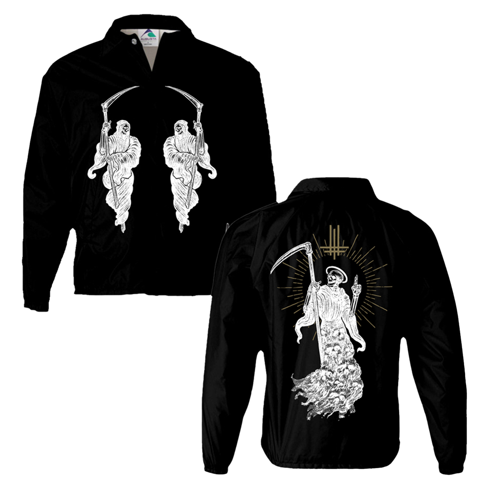 A black windbreaker jacket from the official Behemoth merchandise store. With graphic art design on the front and back.