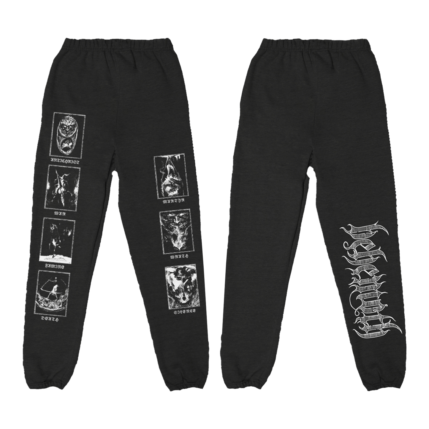 Black jogger sweatpants from the official Behemoth store. With screen printed designs along the legs, an elastic waist, and side pockets.