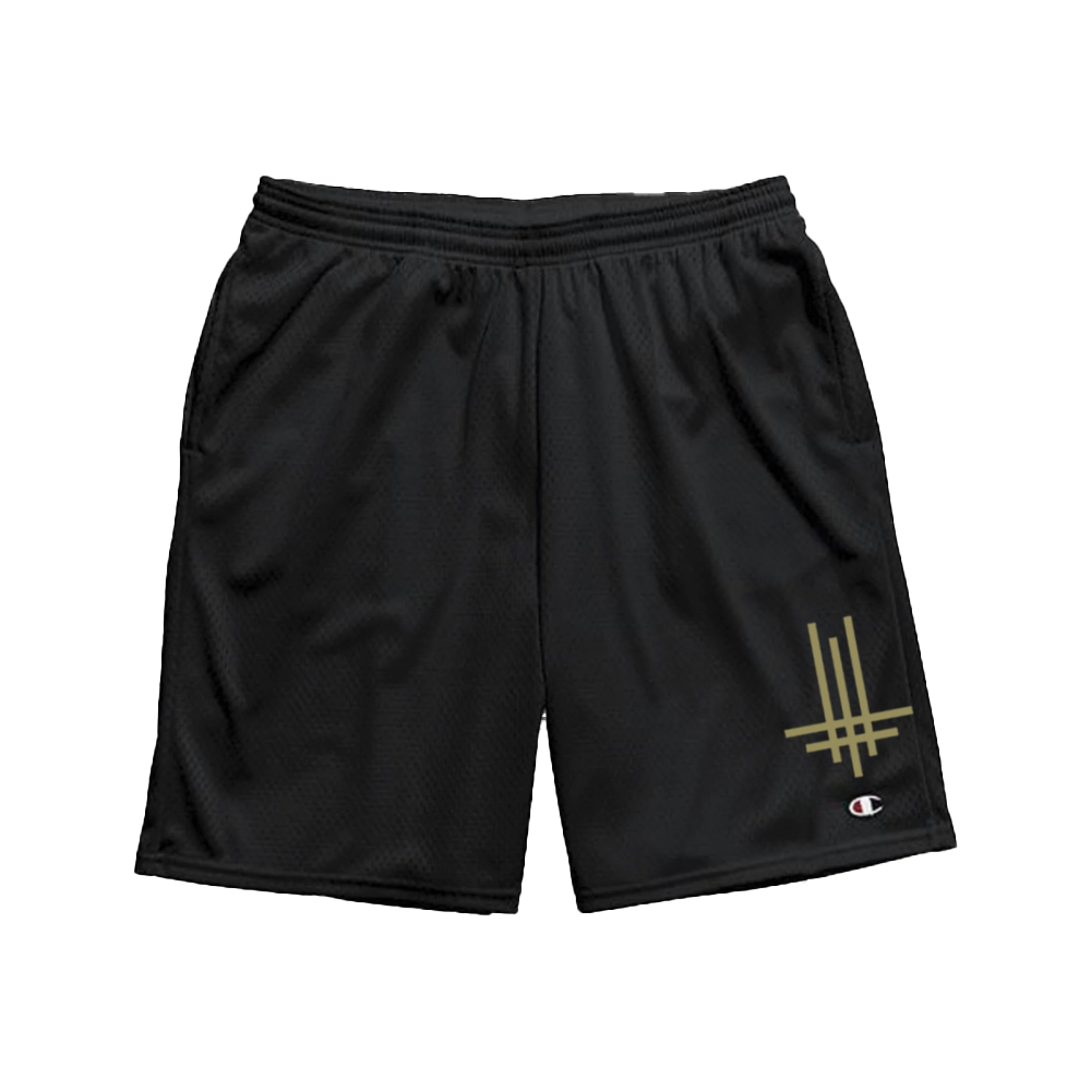 Black Champion shorts with embroidery from the official Behemoth store. With a drawstring waist and side pockets. Made with one hundred percent polyester.