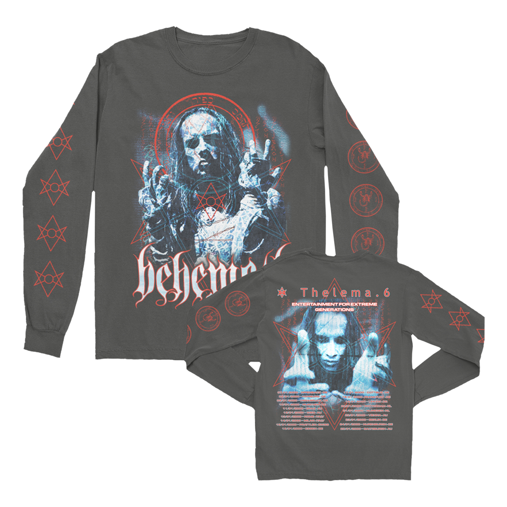 A washed black long sleeve tee from the official Behemoth merchandise store. With screen printed designed on the front, back, and sleeves. Made with one hundred percent pre shrunk cotton.