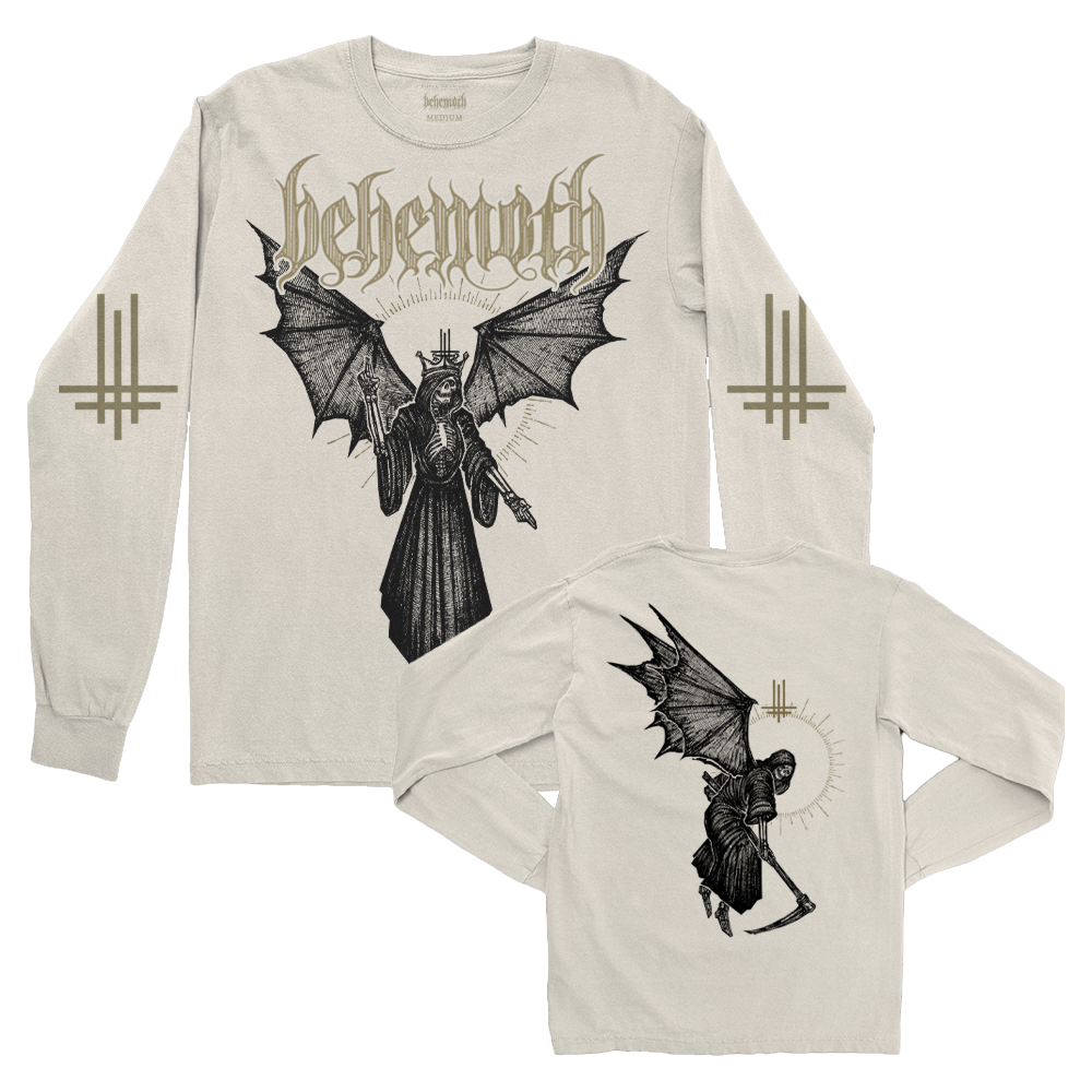 An off white long sleeve tee from the official Behemoth merchandise store. With screen printed designs on the front, back, and sleeves. Made with one hundred percent pre shrunk cotton.