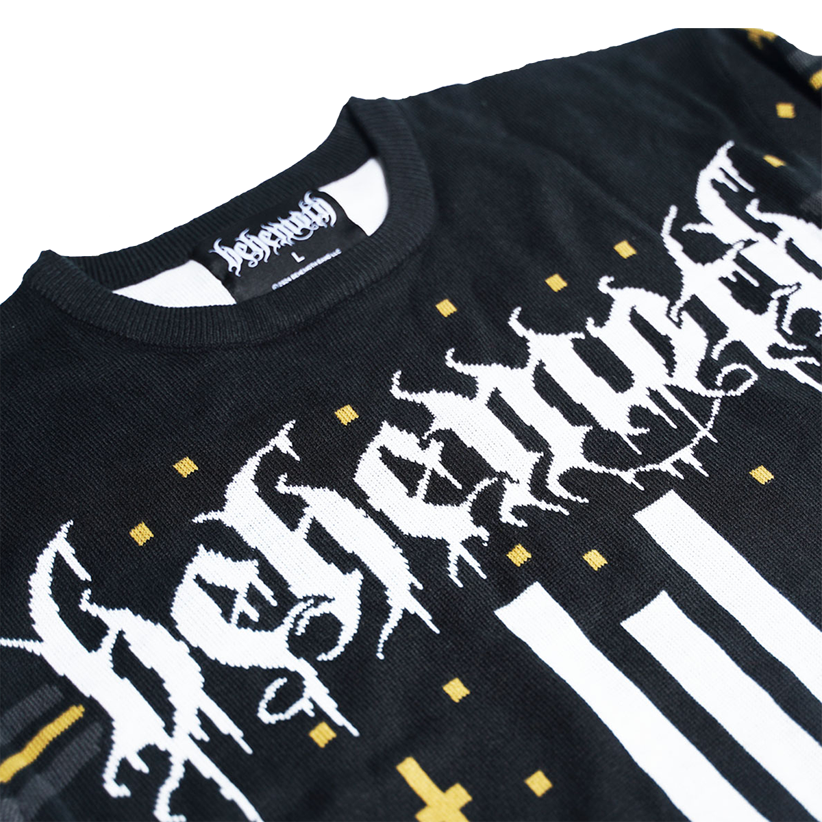 A black holiday sweater from Behemoth, with Merry Christ less and Behemoth logo on the front and back.