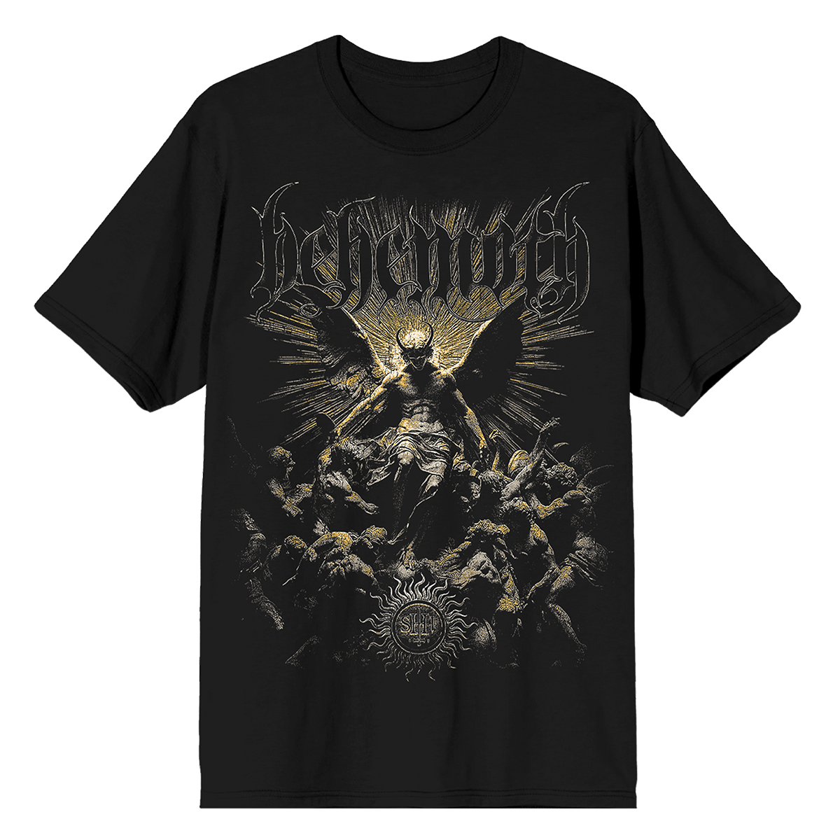 A classic black cotton tee with custom artwork from Behemoth.