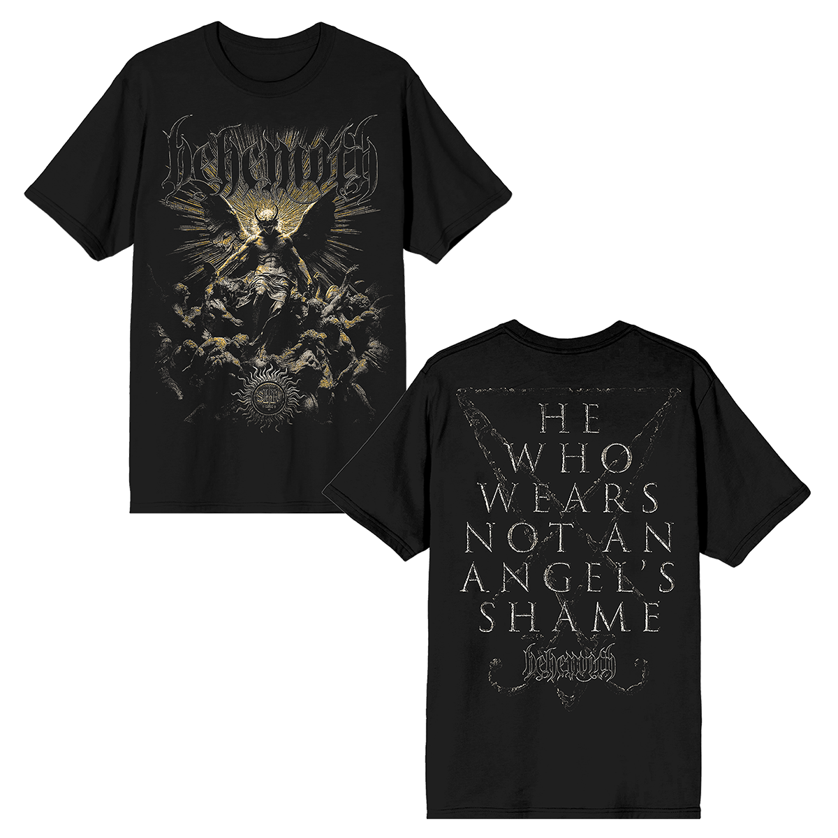 A classic black cotton tee with custom artwork from Behemoth.