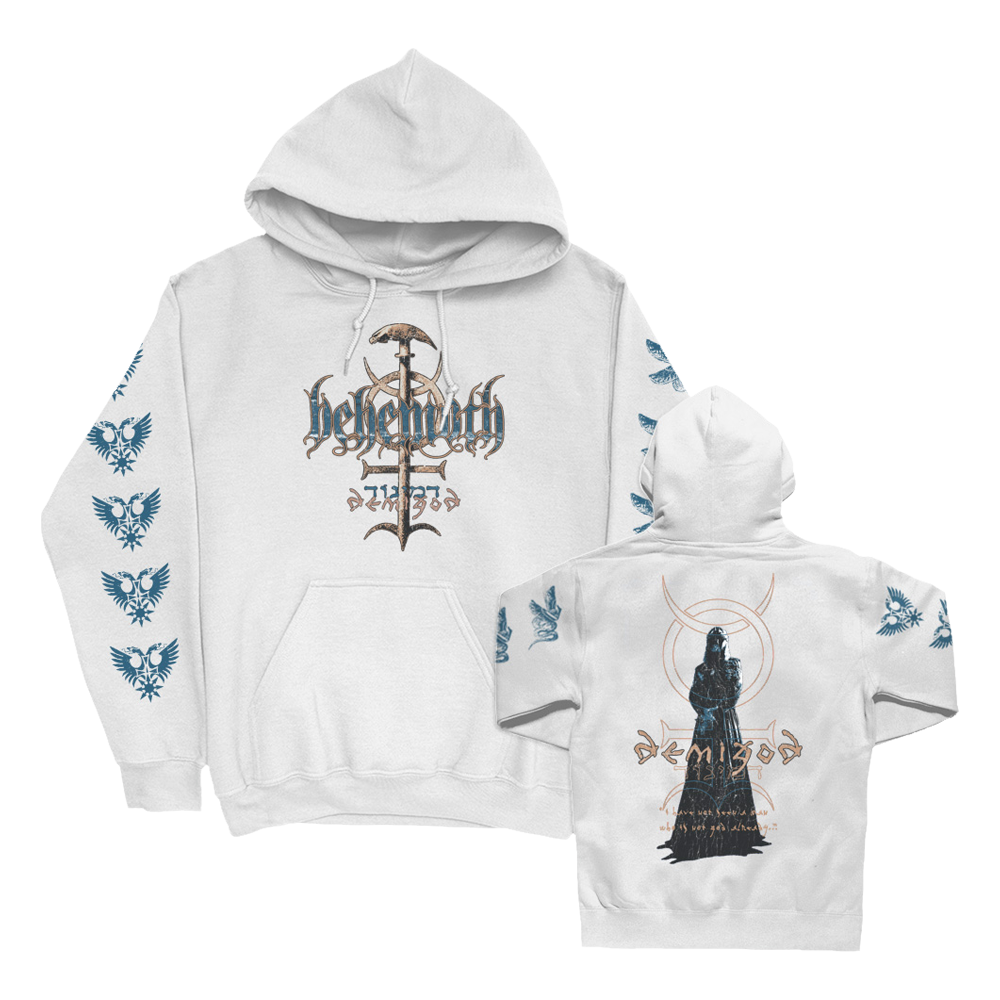 A white Demigod pullover hoodie from the official Behemoth store. With screen printed design along the front, back, and sleeves. Made with an eighty percent cotton, twenty percent polyester blend.