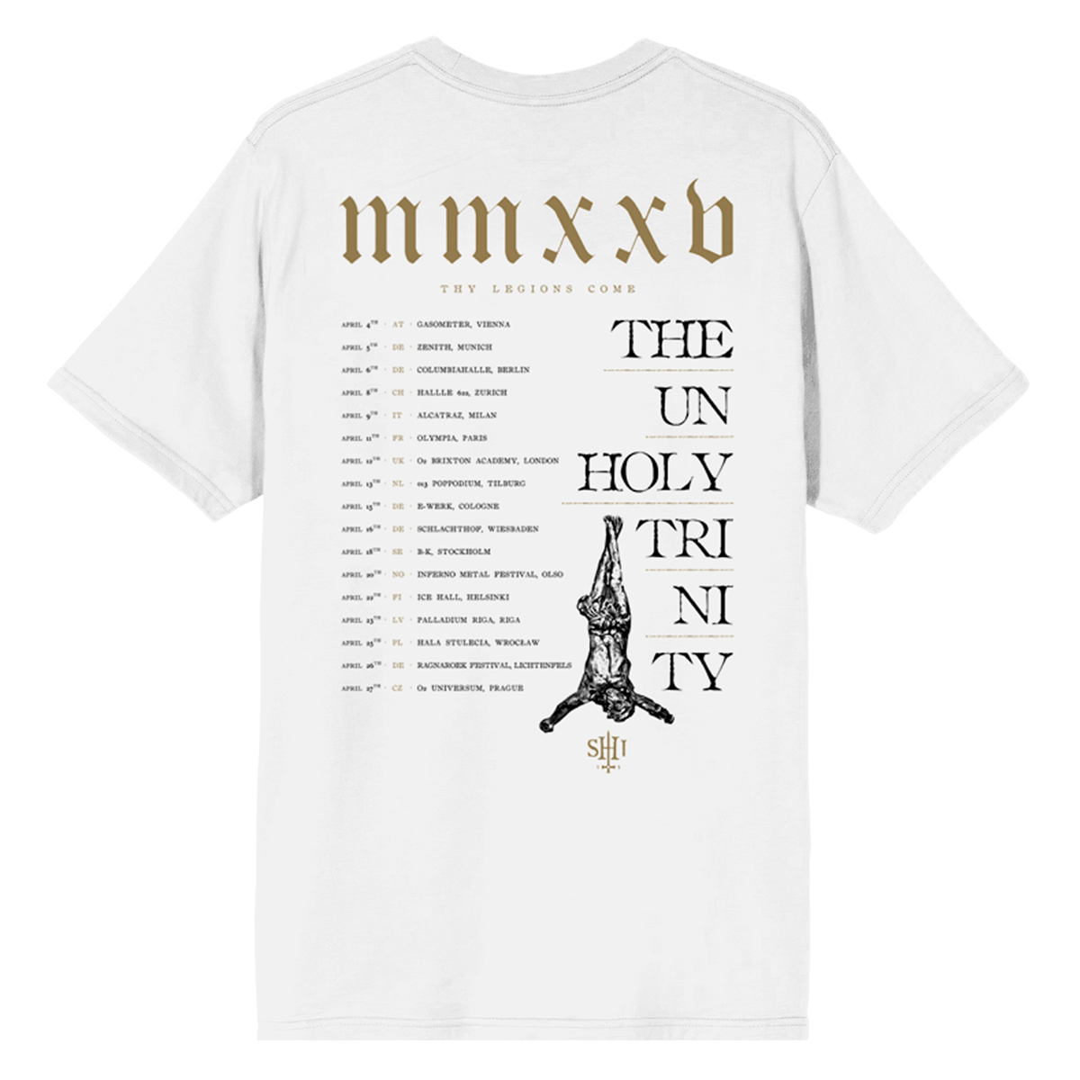 A classic white cotton tee with custom artwork from Behemoth on the front and back.