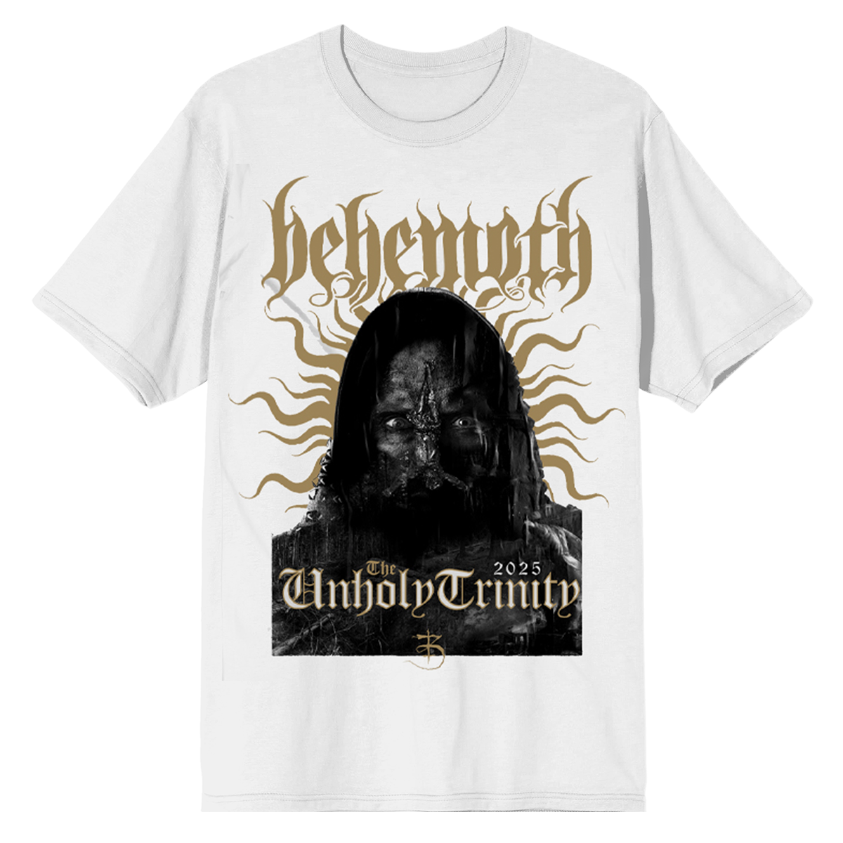 A classic white cotton tee with custom artwork from Behemoth on the front and back.