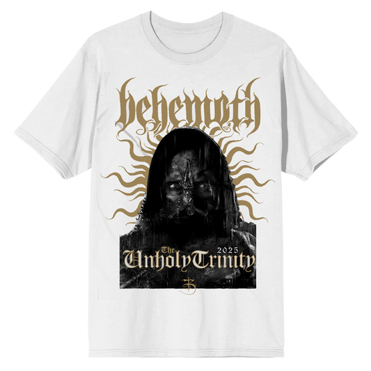 A classic white cotton tee with custom artwork from Behemoth on the front and back.