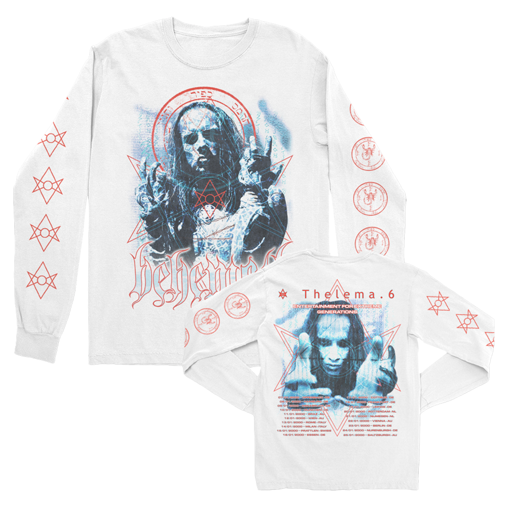 A white long sleeve tee from the official Behemoth merchandise store. With screen printed designed on the front, back, and sleeves. Made with one hundred percent pre shrunk cotton.