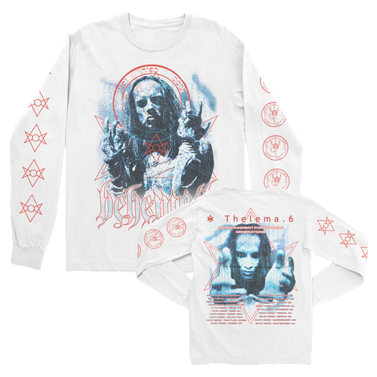 A white long sleeve tee from the official Behemoth merchandise store. With screen printed designed on the front, back, and sleeves. Made with one hundred percent pre shrunk cotton.
