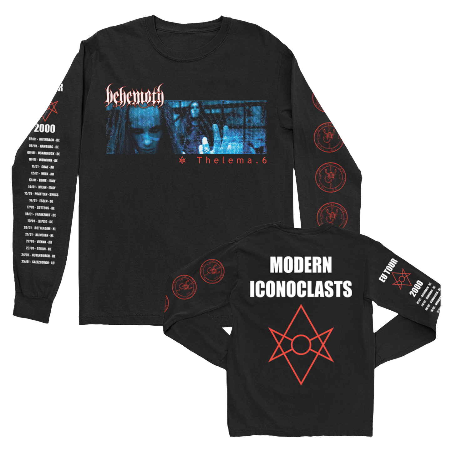 A black cotton long sleeve tee from the official Behemoth merchandise store. With the Modern Iconoclast EU Tour two thousand graphics. 