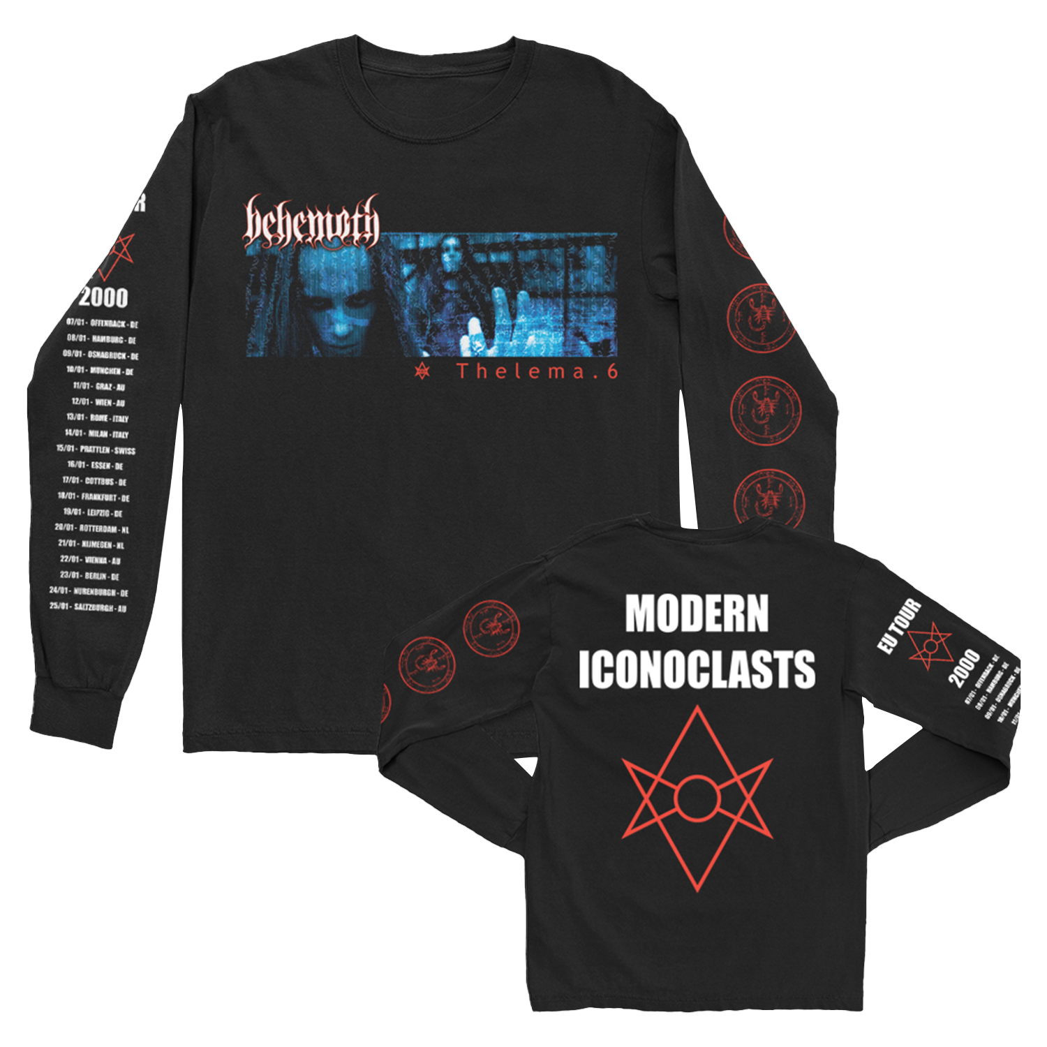 A black cotton long sleeve tee from the official Behemoth merchandise store. With the Modern Iconoclast EU Tour two thousand graphics. 