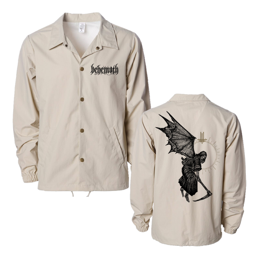 A tan windbreaker jacket from the official Behemoth merchandise store. With the angel of death art. 