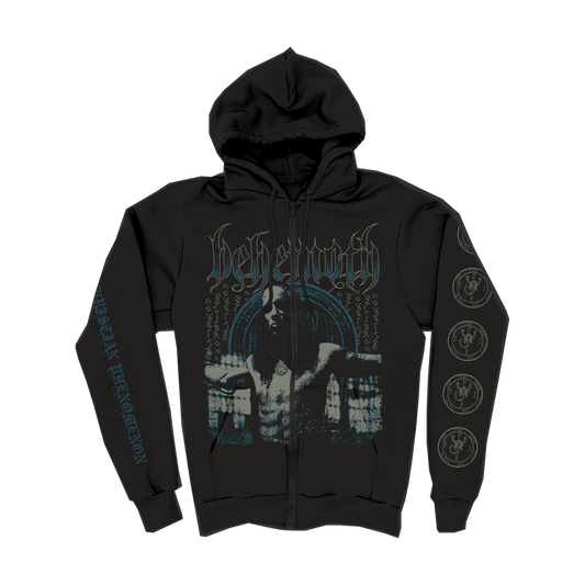 A black anti Christian zip up hoodie from the official Behemoth store. With screen printed designs along the front and sleeves. Made with an eighty percent cotton, twenty percent polyester blend.