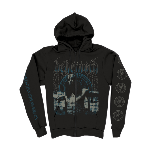 A black anti Christian zip up hoodie from the official Behemoth store. With screen printed designs along the front and sleeves. Made with an eighty percent cotton, twenty percent polyester blend. 