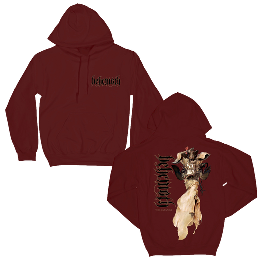 A maroon red pullover hoodie from the official Behemoth merchandise store. With a screen printed design on the front and back. 