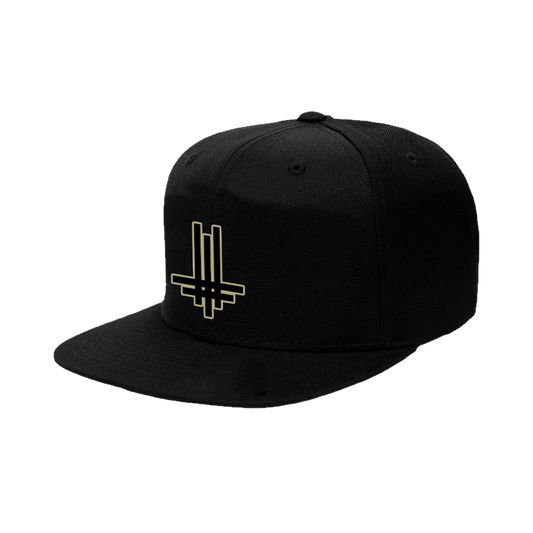 A black snapback cap from the Official Behemoth store. With a gold embroidered detail at the front. 