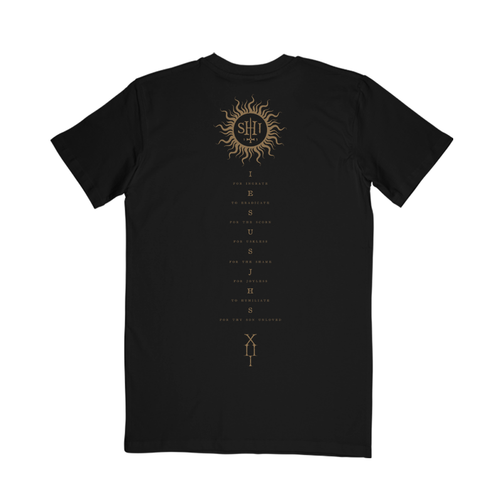 A classic black cotton tee with The Shit Ov God album cover artwork on the front and back, from Behemoth. 
