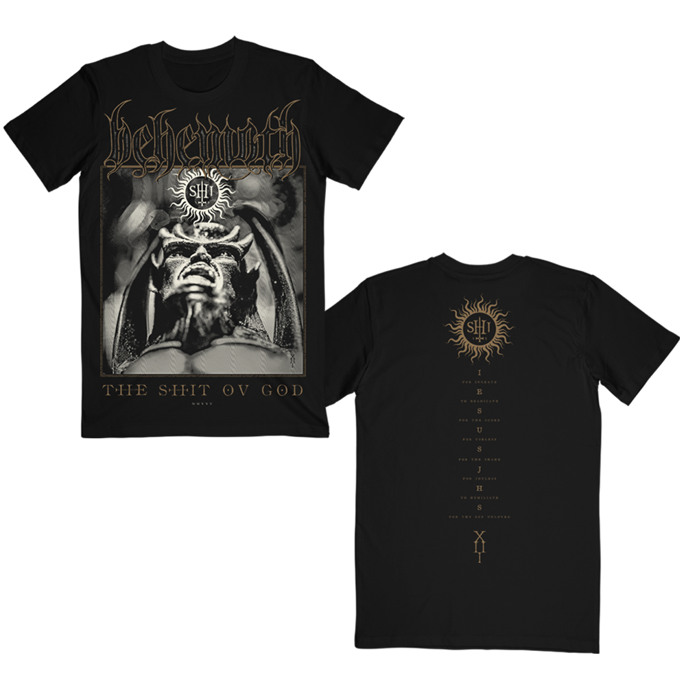 A classic black cotton tee with The Shit Ov God album cover artwork on the front and back, from Behemoth. 