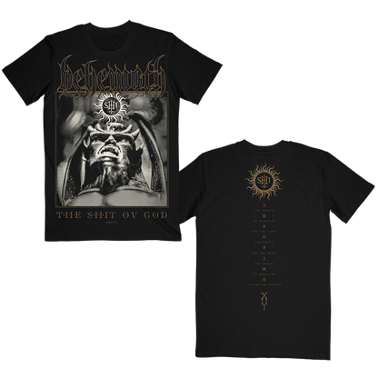 A classic black cotton tee with The Shit Ov God album cover artwork on the front and back, from Behemoth. 